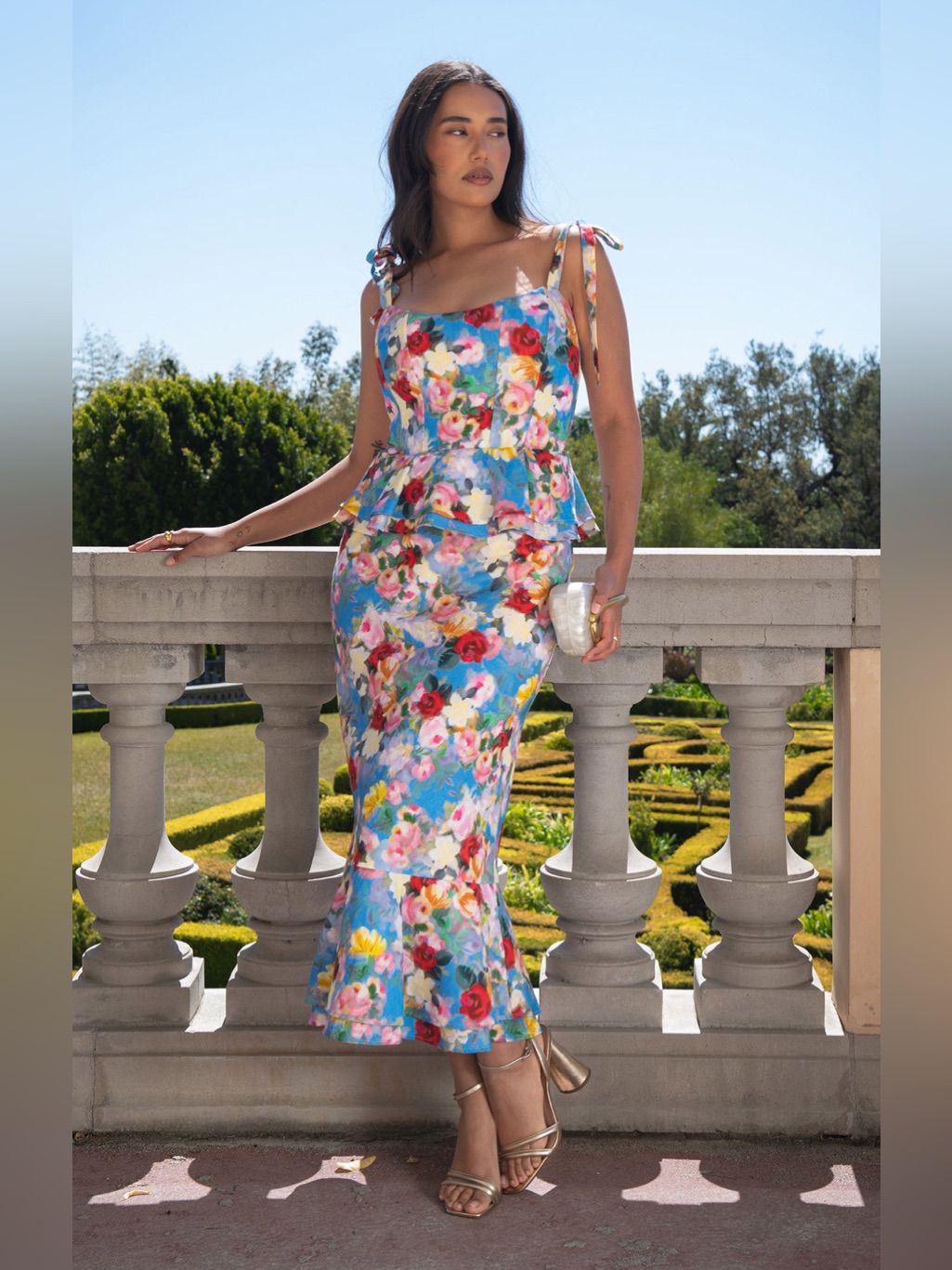 Show Me Your Mumu Blue Floral Tie-Shoulder Pauline Peplum Midi Dress